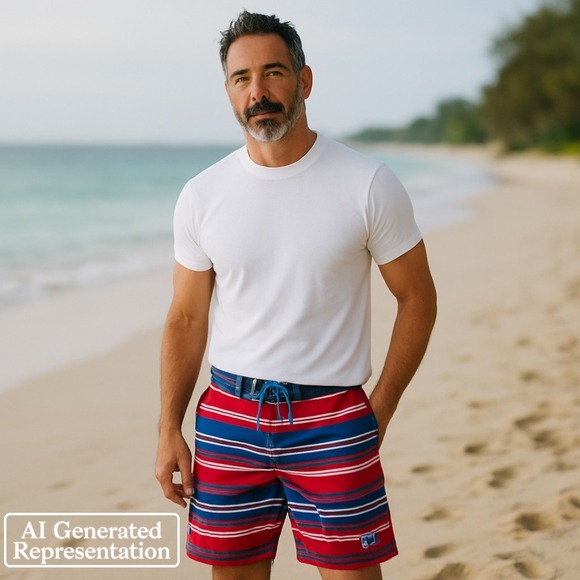 Under Armour Swim Trunks 32 Red White Blue Striped HeatGear Loose Fit Men's‎ - Picture 1 of 16